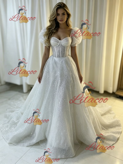 White Sequins Puff Sleeve Wedding Dress
