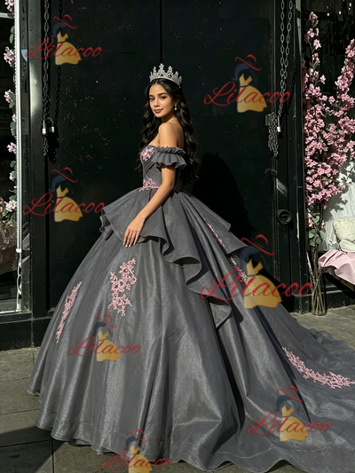 Gray Tulle Off the Shoulder Appliques Quinceanera Dress