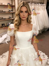 White Tulle Puff Sleeve Flower Wedding Dress