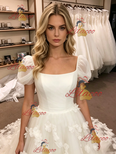 White Tulle Puff Sleeve Flower Wedding Dress