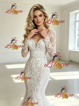 White Mermaid Tulle Lace Appliques Long Sleeve Wedding Dress