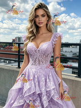 Purple Lace Tulle Straps Prom Dress