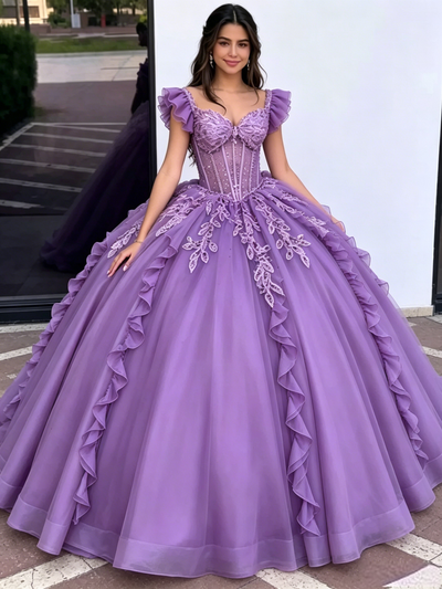 Purple Tulle Straps Appliques Quinceanera Dress