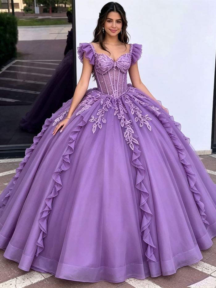 Purple Tulle Straps Appliques Quinceanera Dress