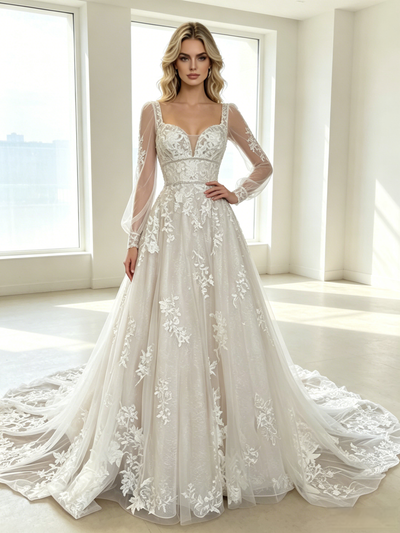 White Tulle Appliques Long Sleeve Wedding Dress