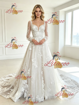 White Tulle Appliques Long Sleeve Wedding Dress