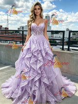 Purple Lace Spaghetti Straps Prom Dress