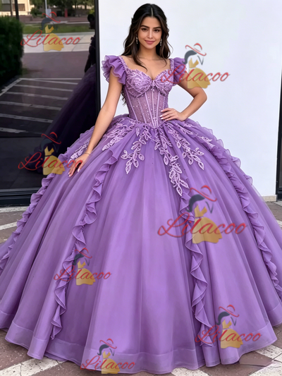 Purple Tulle Straps Appliques Quinceanera Dress