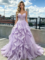 Purple Lace Spaghetti Straps Prom Dress
