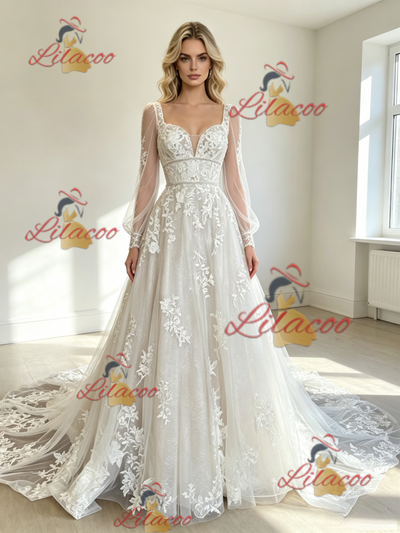 White Tulle Appliques Long Sleeve Wedding Dress