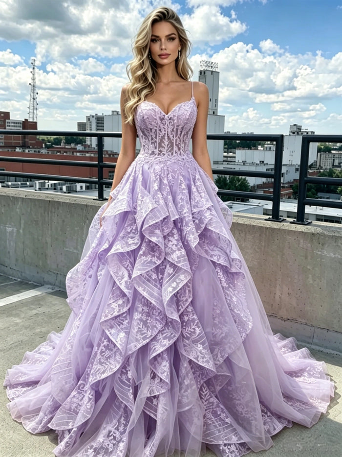 Purple Lace Spaghetti Straps Prom Dress