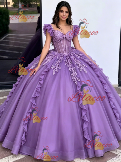 Purple Tulle Straps Appliques Quinceanera Dress