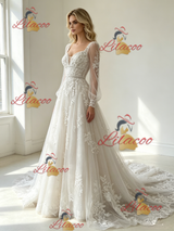 White Tulle Appliques Long Sleeve Wedding Dress