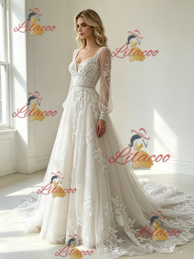 White Tulle Appliques Long Sleeve Wedding Dress