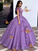 Purple Tulle Straps Appliques Quinceanera Dress