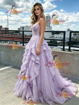 Purple Lace Spaghetti Straps Prom Dress