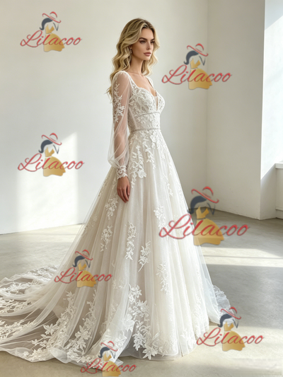 White Tulle Appliques Long Sleeve Wedding Dress
