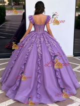Purple Tulle Straps Appliques Quinceanera Dress
