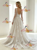 White Tulle Appliques Long Sleeve Wedding Dress