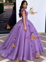 Purple Tulle Straps Appliques Quinceanera Dress