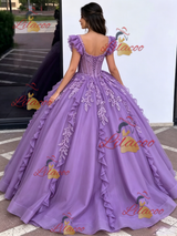 Purple Tulle Straps Appliques Quinceanera Dress