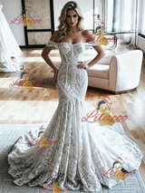 White Mermaid Lace Off the Shoulder Wedding Dress