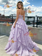 Purple Lace Spaghetti Straps Prom Dress