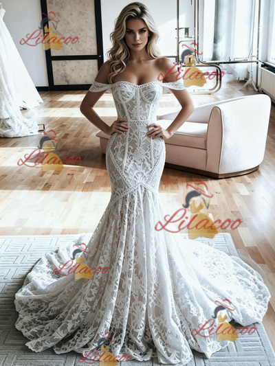 White Mermaid Lace Off the Shoulder Wedding Dress