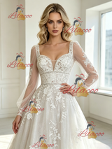 White Tulle Appliques Long Sleeve Wedding Dress