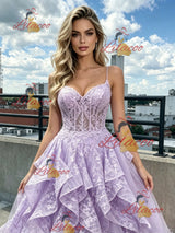 Purple Lace Spaghetti Straps Prom Dress