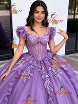 Purple Tulle Straps Appliques Quinceanera Dress