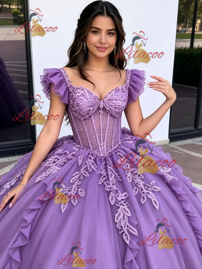 Purple Tulle Straps Appliques Quinceanera Dress