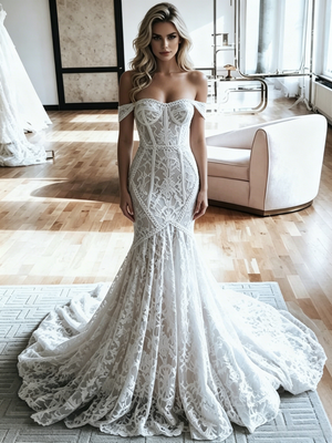 White Mermaid Lace Off the Shoulder Wedding Dress