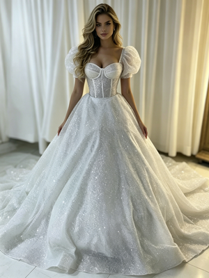 White Sequins Straps Wedding Dress