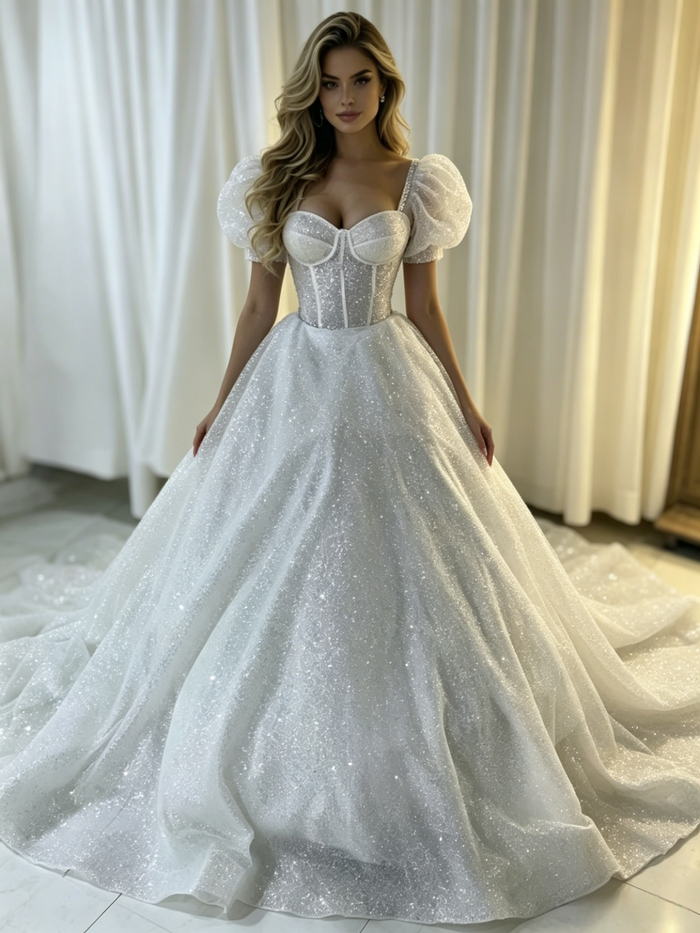 White Sequins Straps Wedding Dress