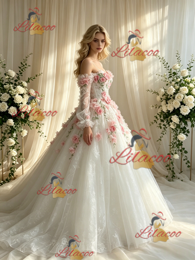 White Tulle Straps Appliques Wedding Dress