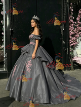 Gray Tulle Off the Shoulder Appliques Quinceanera Dress