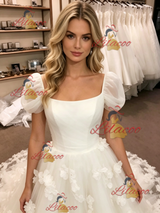 White Tulle Puff Sleeve Flower Wedding Dress