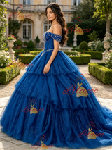 Blue Tulle Off the Shoulder Beading Quinceanera Dress