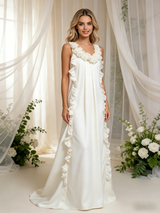 Beige White V-neck 3D Flower Wedding Dress