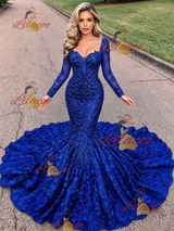 Blue Mermaid Long Sleeve Prom Dress