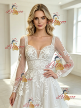 White Tulle Appliques Long Sleeve Wedding Dress