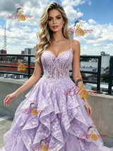 Purple Lace Spaghetti Straps Prom Dress