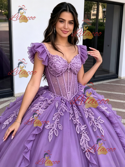 Purple Tulle Straps Appliques Quinceanera Dress