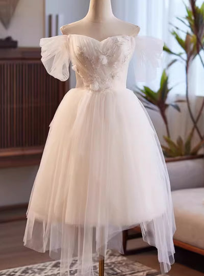 White Tulle Flower Pleats Wedding Dress