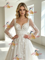 White Tulle Appliques Long Sleeve Wedding Dress