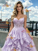 Purple Lace Spaghetti Straps Prom Dress
