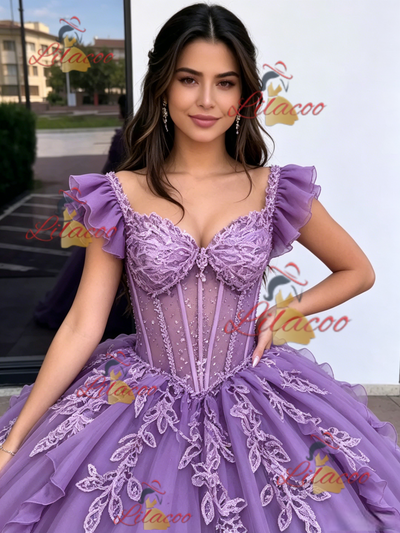 Purple Tulle Straps Appliques Quinceanera Dress