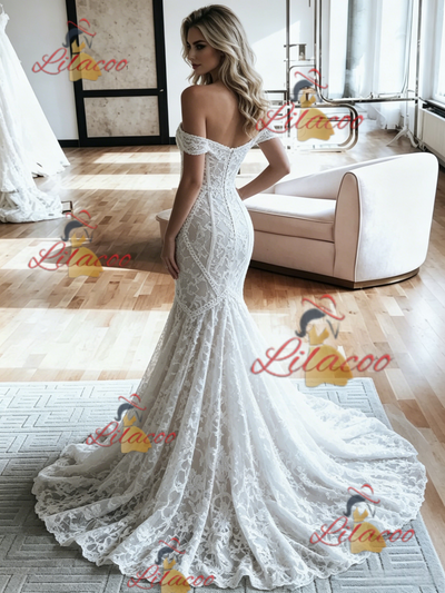 White Mermaid Lace Off the Shoulder Wedding Dress