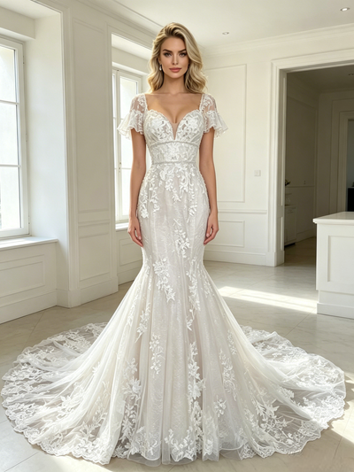 White Mermaid Tulle Appliques Short Sleeve Wedding Dress